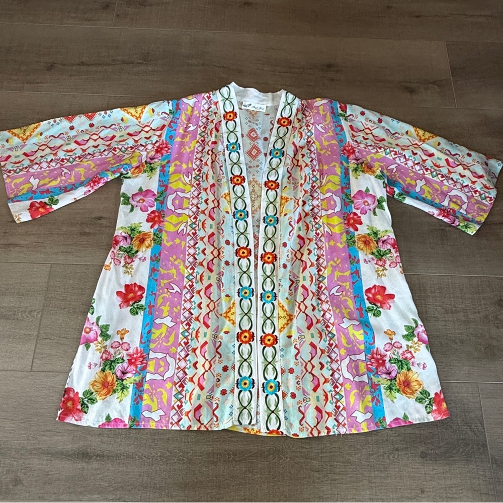 Angel Heart Boutique Embroidered Kimono Style Open Robe Duster Multicolor O/S - Picture 10 of 16